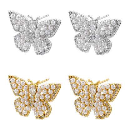 1 Pair Elegant Butterfly Copper Plating Inlay Pearl Zircon 18k Gold Plated Ear Studs