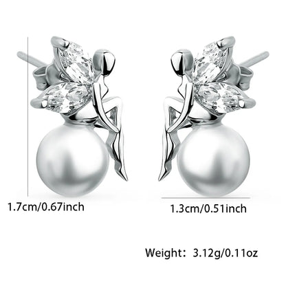 1 Pair Elegant Butterfly Inlay Sterling Silver Artificial Pearls Zircon White Gold Plated Ear Studs