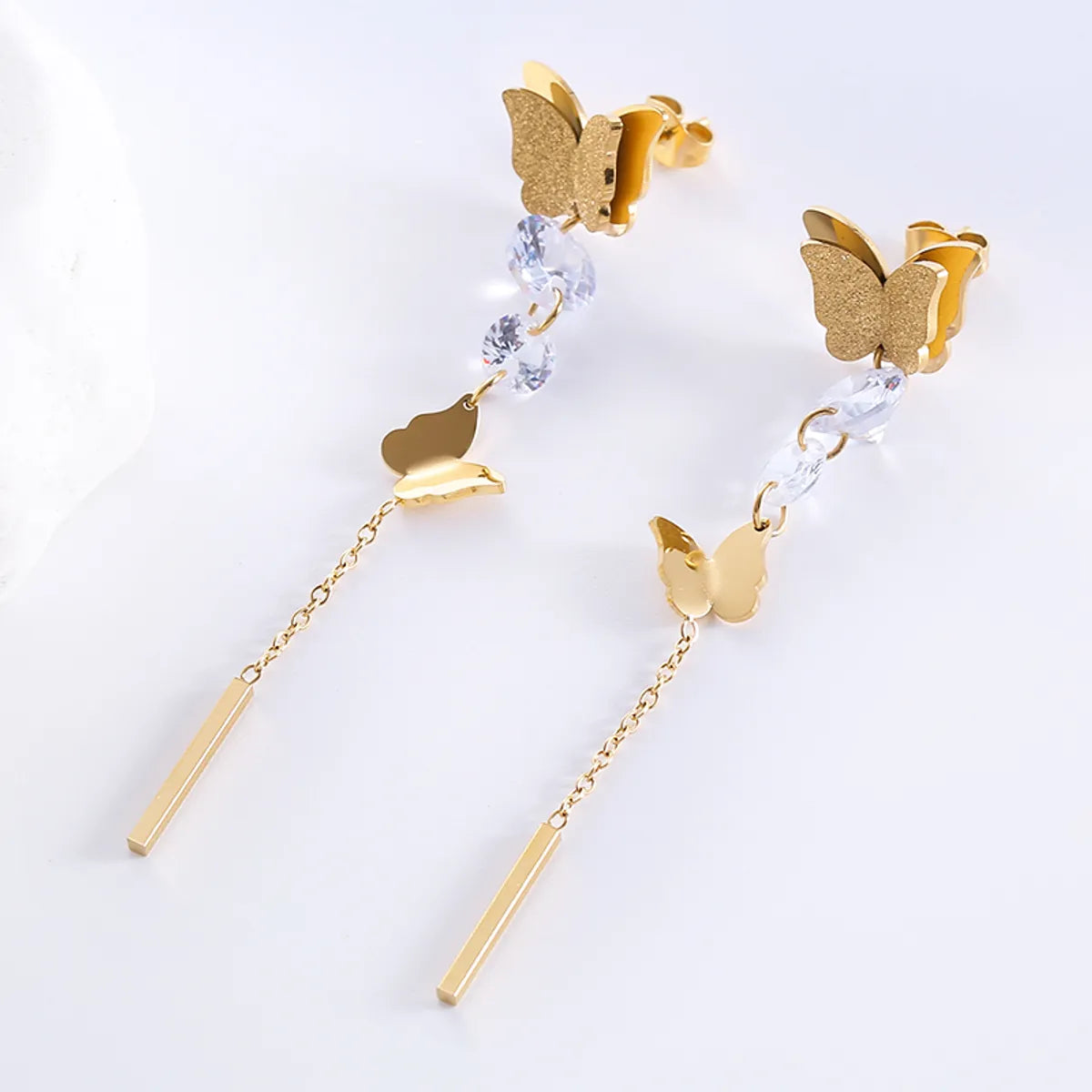 1 Pair Elegant Butterfly Plating Stainless Steel Zircon 18k Gold Plated Rose Gold Plated Drop Earrings