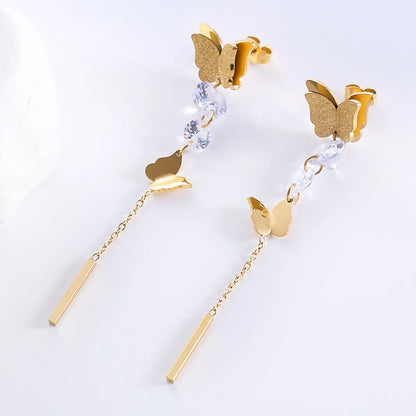 1 Pair Elegant Butterfly Plating Stainless Steel Zircon 18k Gold Plated Rose Gold Plated Drop Earrings