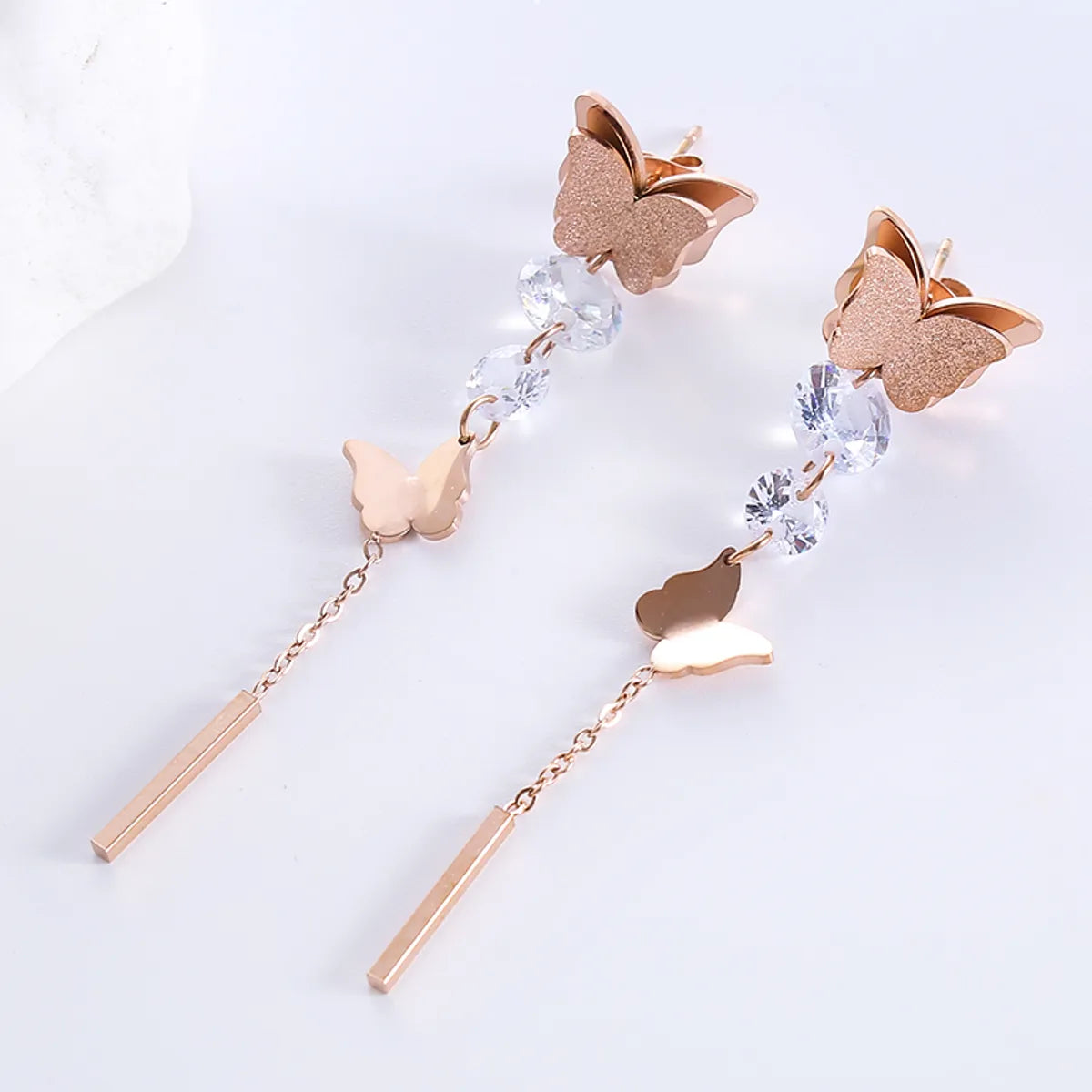 1 Pair Elegant Butterfly Plating Stainless Steel Zircon 18k Gold Plated Rose Gold Plated Drop Earrings