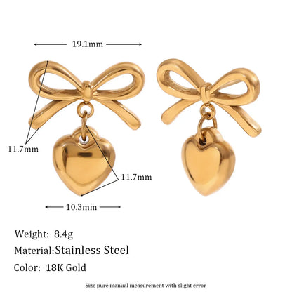 1 Pair Elegant C Shape Heart Shape Bow Knot 304 Stainless Steel Drop Earrings