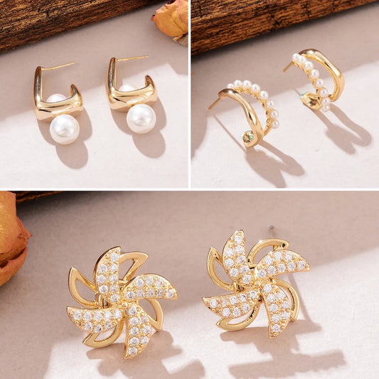 1 Pair Elegant C Shape Pearl Windmill Plating Inlay Arylic Copper Zircon Ear Studs