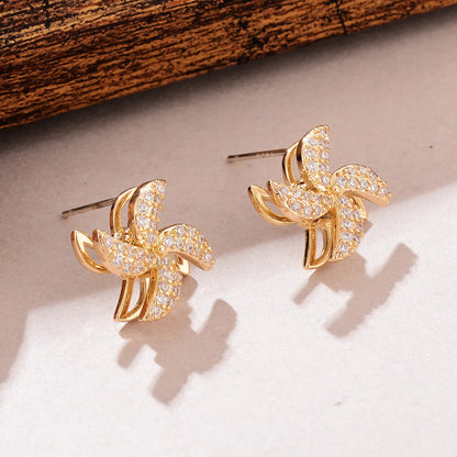 1 Pair Elegant C Shape Pearl Windmill Plating Inlay Arylic Copper Zircon Ear Studs