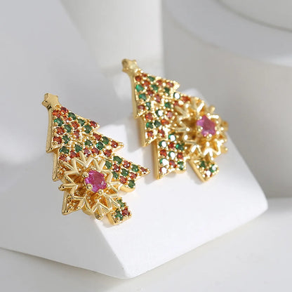 1 Pair Elegant Christmas Sweet Christmas Tree Snowflake Plating Inlay Copper Zircon 18k Gold Plated Ear Studs