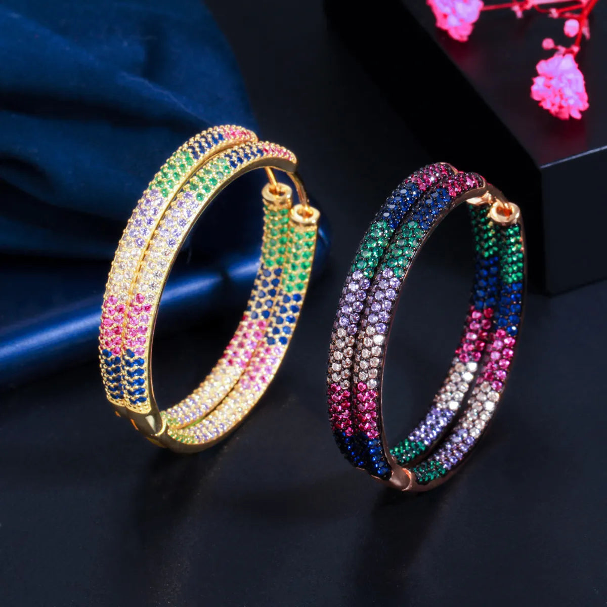 1 Pair Elegant Circle Color Block Plating Inlay Copper Zircon Rhodium Plated Silver Plated Hoop Earrings