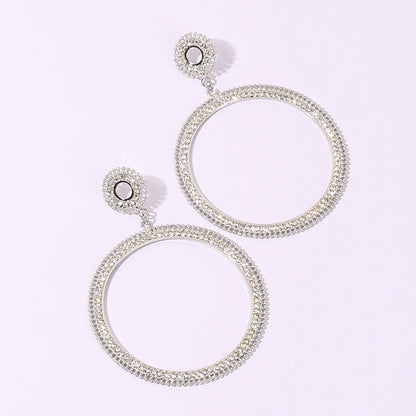 1 Pair Elegant Circle Inlay Copper Rhinestones Rhodium Plated Drop Earrings