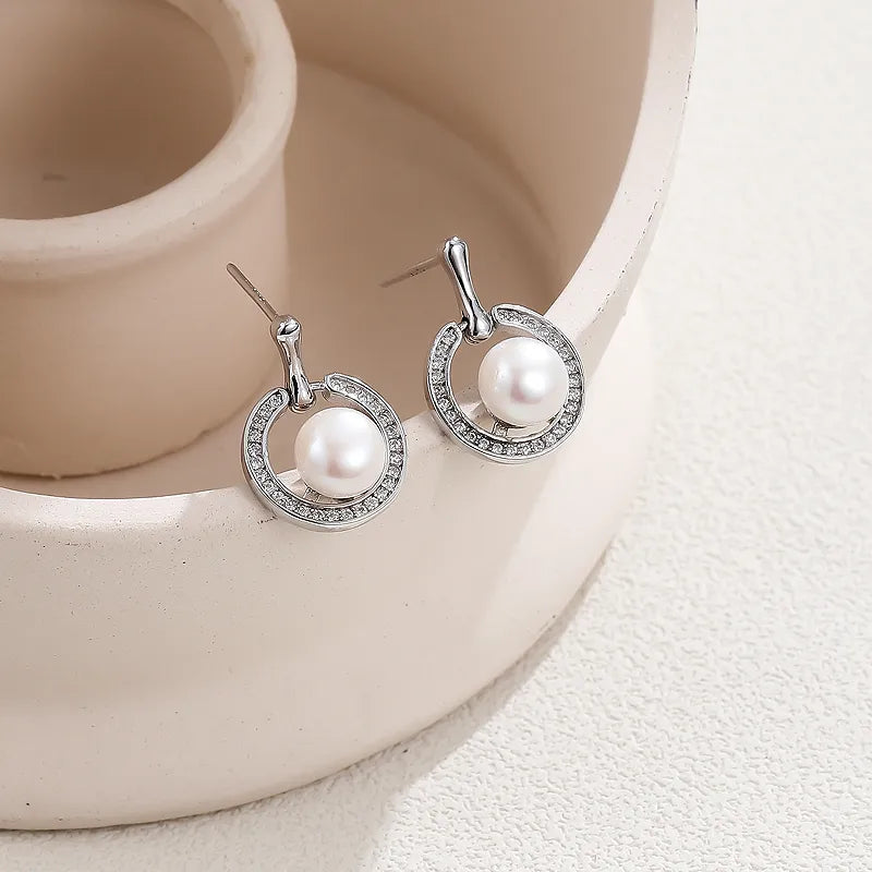 1 Pair Elegant Circle Round Polishing Inlay Sterling Silver Pearl Zircon White Gold Plated Drop Earrings