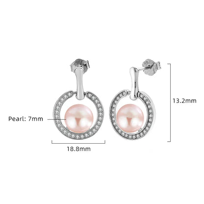 1 Pair Elegant Circle Round Polishing Inlay Sterling Silver Pearl Zircon White Gold Plated Drop Earrings