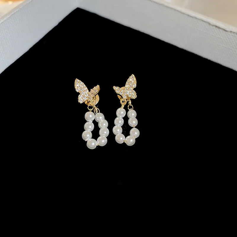 1 Pair Elegant Classic Style Heart Shape Butterfly Plating Inlay Copper Imitation Pearl Zircon 14K Gold Plated Drop Earrings Ear Studs