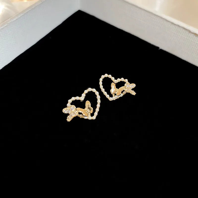 1 Pair Elegant Classic Style Heart Shape Butterfly Plating Inlay Copper Imitation Pearl Zircon 14K Gold Plated Drop Earrings Ear Studs