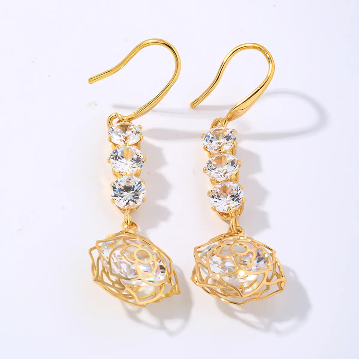 1 Pair Elegant Classic Style Shiny Flower Plating Inlay Copper Zircon Gold Plated Drop Earrings