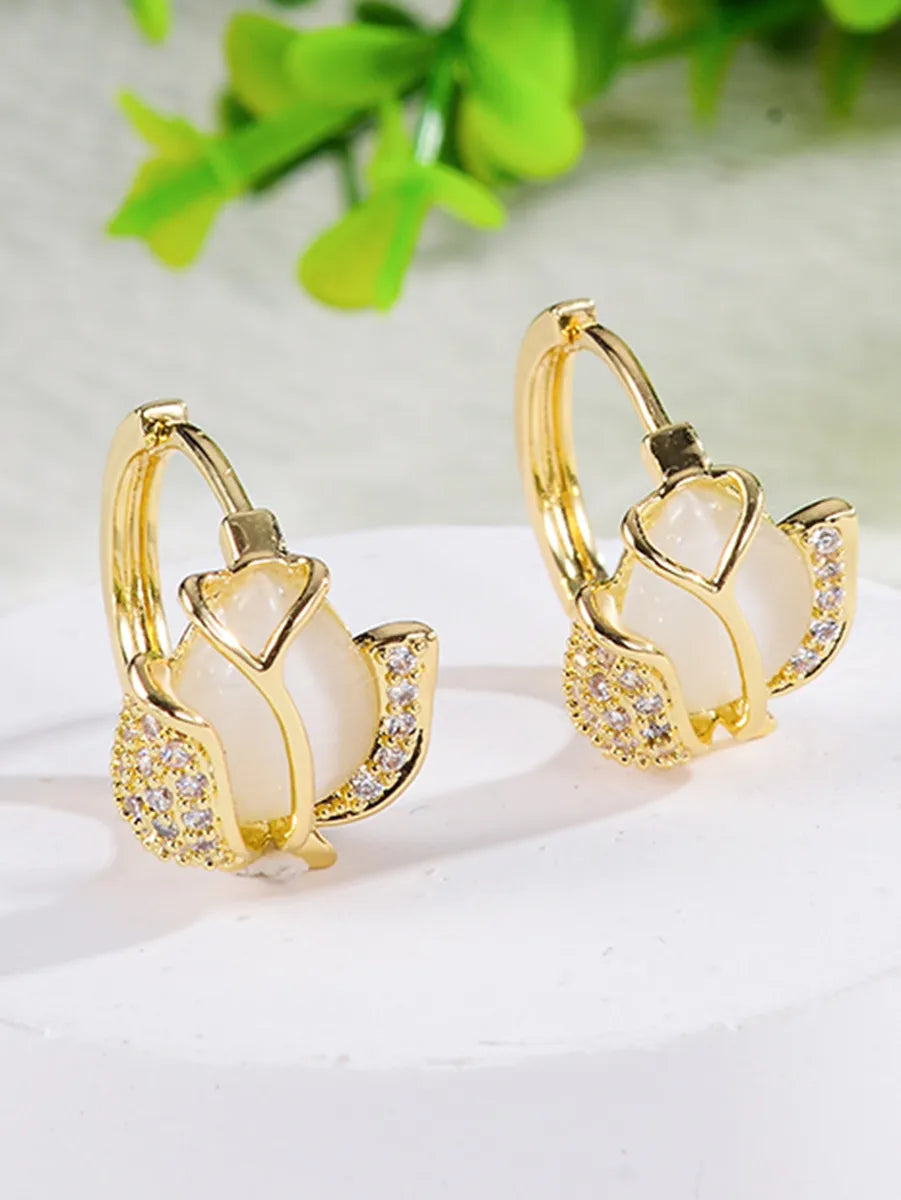 1 Pair Elegant Classical Flower Plating Inlay Copper Opal Zircon 18k Gold Plated Earrings