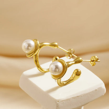 1 Pair Elegant Classical Simple Style Pearl Plating Inlay Stainless Steel Artificial Pearls 18K Gold Plated Ear Studs