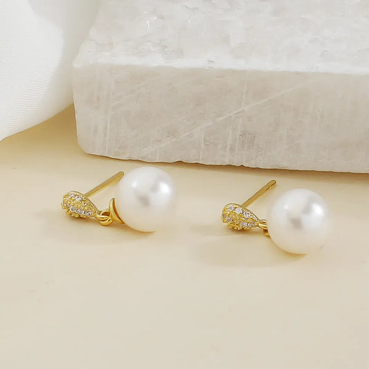 1 Pair Elegant Classical Simple Style Round Plating Inlay Artificial Pearl Copper Zircon Drop Earrings