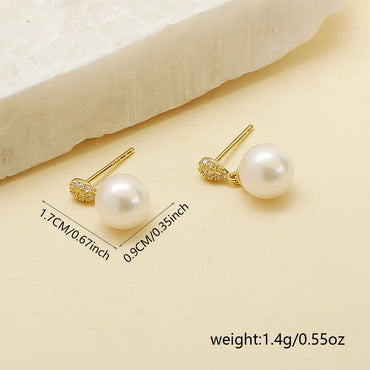 1 Pair Elegant Classical Simple Style Round Plating Inlay Artificial Pearl Copper Zircon Drop Earrings