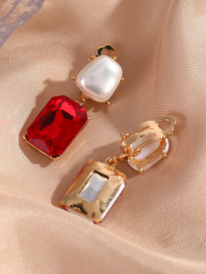 1 Pair Elegant Classical Square Copper Plating Inlay Artificial Gemstones Gold Plated Ear Clips