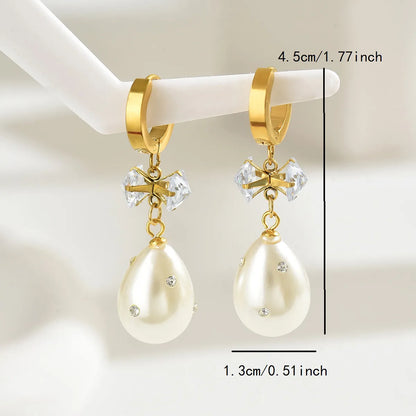 1 Pair Elegant Classical Sweet Square Water Droplets Inlay 201 Stainless Steel Artificial Pearls Zircon 18K Gold Plated Drop Earrings