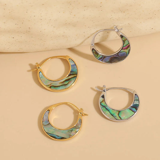 1 Pair Elegant Color Block Moon Plating Inlay Copper Shell 14k Gold Plated Hoop Earrings