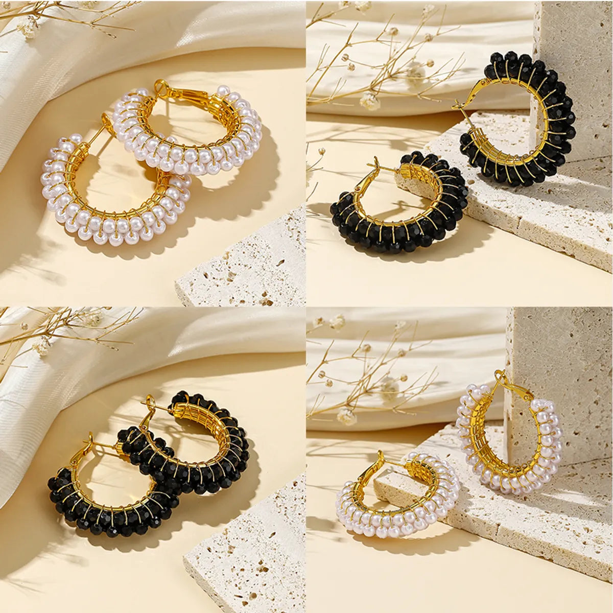 1 Pair Elegant Color Block Plating Inlay Copper Artificial Pearls 18k Gold Plated Hoop Earrings