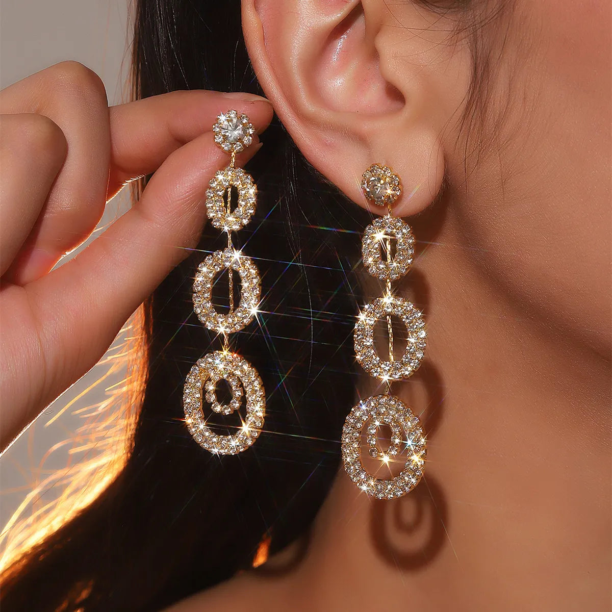 1 Pair Elegant Color Block Plating Rhinestone Gold Plated Drop Earrings