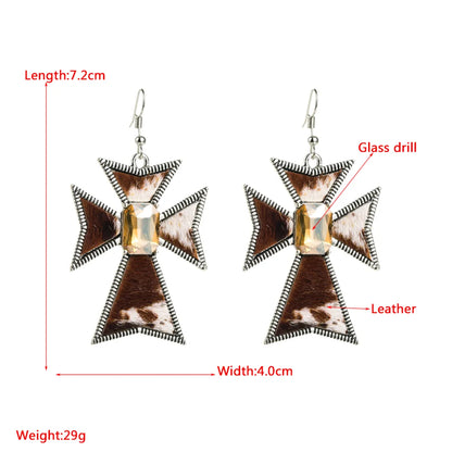 1 Pair Elegant Cross Leopard Plating Inlay Pu Leather Alloy Rhinestones Glass Drill Silver Plated Ear Hook