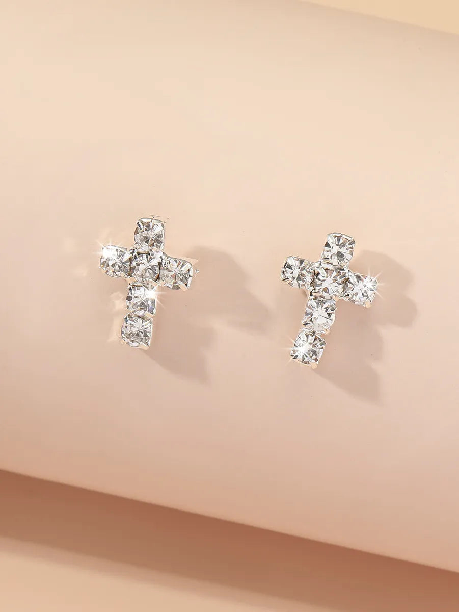 1 Pair Elegant Cross Plating Inlay Alloy Rhinestones Silver Plated Ear Studs