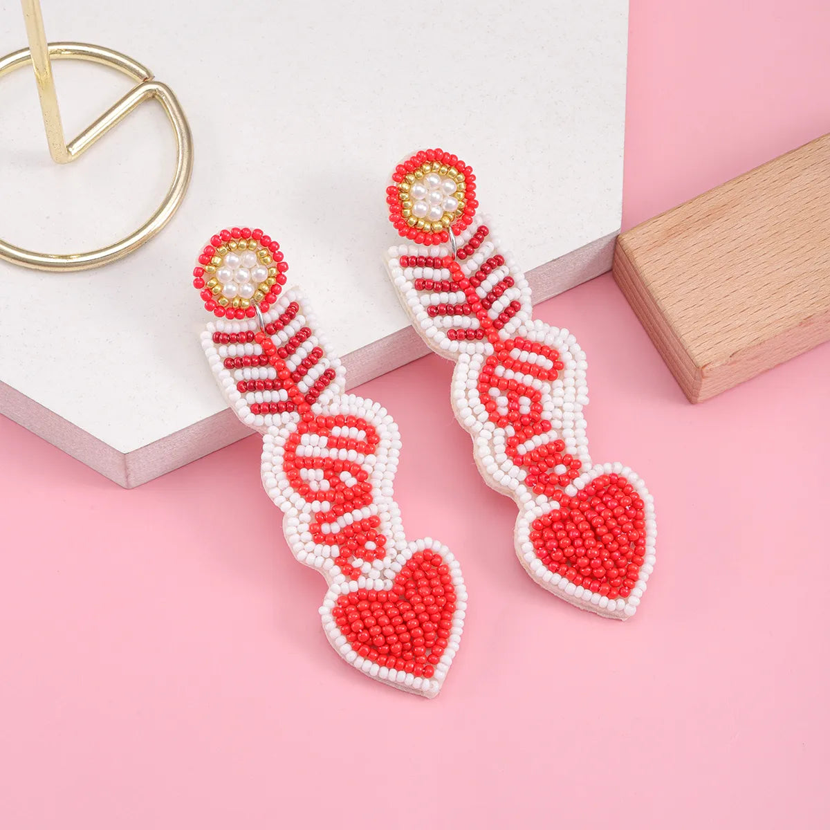 1 Pair Elegant Cute Heart Shape Fish Bone Handmade Plastic Cloth Drop Earrings