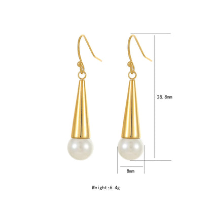 1 Pair Elegant Cute Luxurious Round Inlay Stainless Steel Titanium Steel Artificial Pearls 18K Gold Plated Drop Earrings