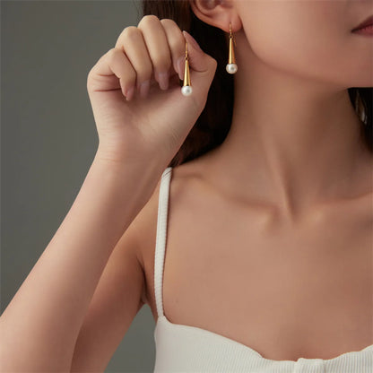 1 Pair Elegant Cute Luxurious Round Inlay Stainless Steel Titanium Steel Artificial Pearls 18K Gold Plated Drop Earrings