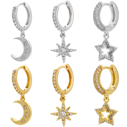 1 Pair Elegant Cute Pentagram Moon Plating Hollow Out Inlay Copper Zircon 18k Gold Plated Drop Earrings