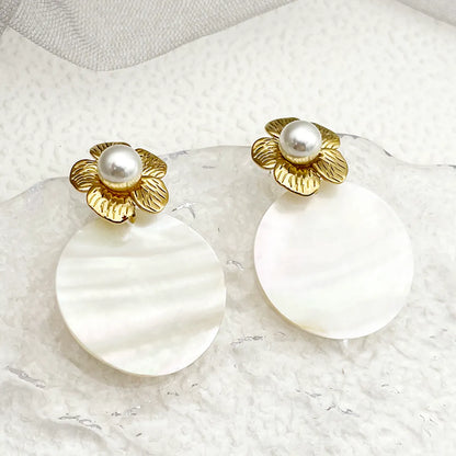 1 Pair Elegant Cute Simple Style Flower Plating Inlay Stainless Steel Shell Gold Plated Drop Earrings