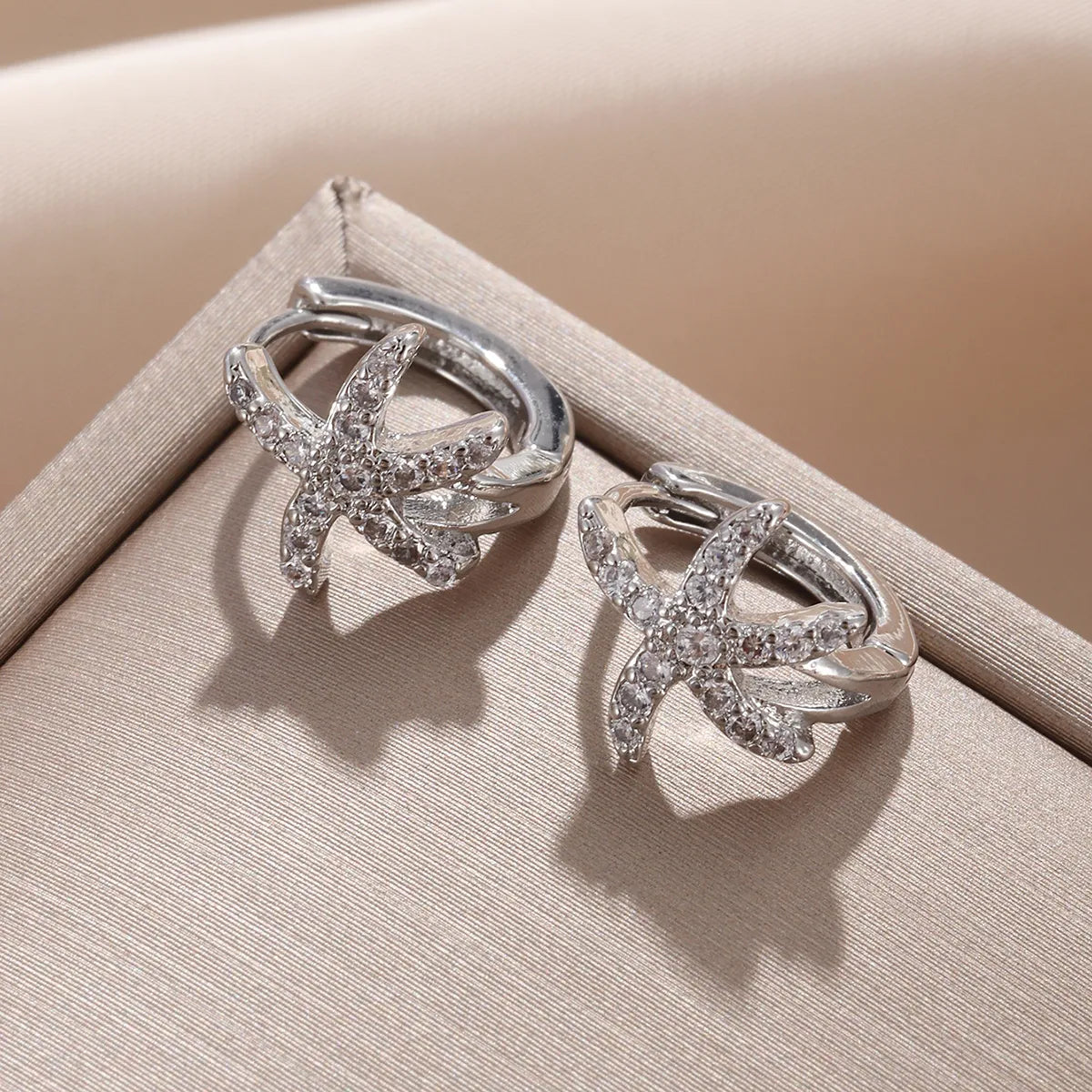 1 Pair Elegant Cute Starfish Copper Zircon Silver Plated Hoop Earrings