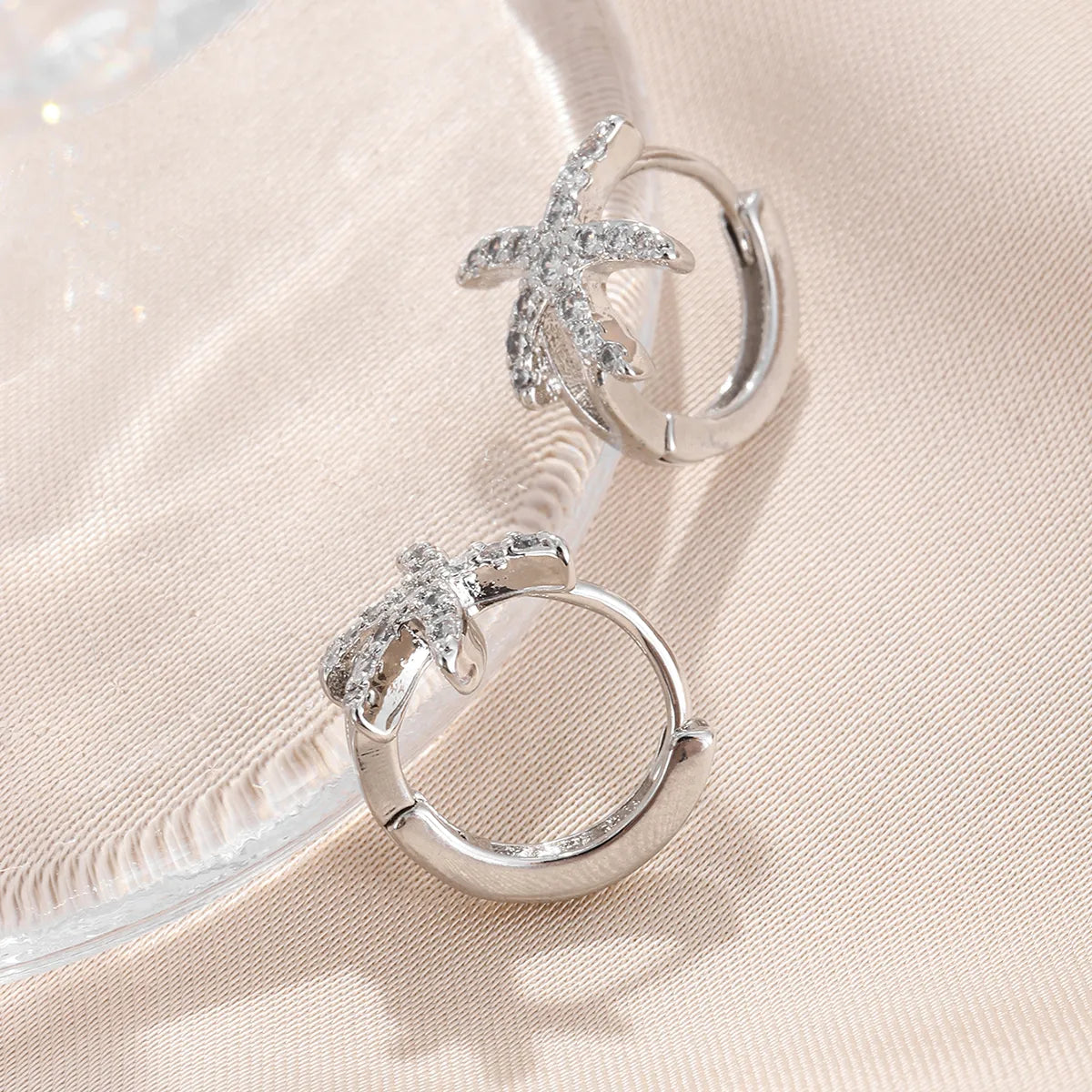 1 Pair Elegant Cute Starfish Copper Zircon Silver Plated Hoop Earrings