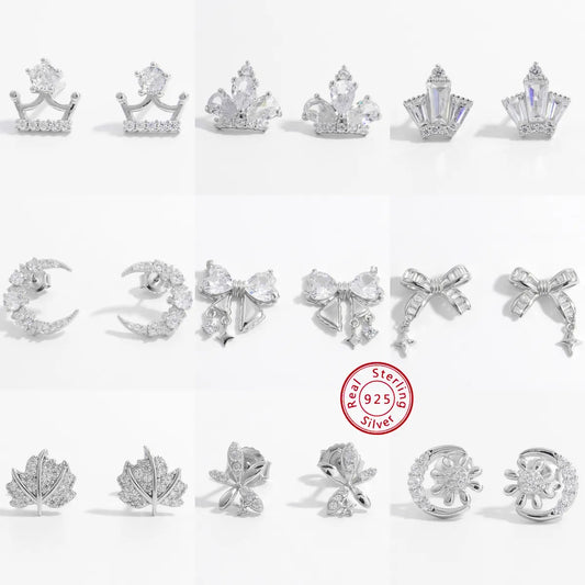 1 Pair Elegant Cute Sweet Moon Maple Leaf Crown Plating Hollow Out Inlay Sterling Silver Zircon White Gold Plated Rhodium Plated Ear Studs