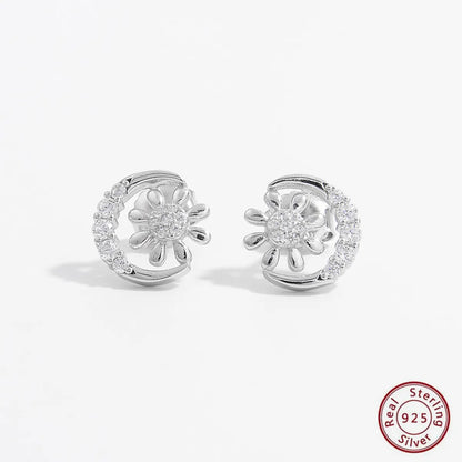 1 Pair Elegant Cute Sweet Moon Maple Leaf Crown Plating Hollow Out Inlay Sterling Silver Zircon White Gold Plated Rhodium Plated Ear Studs