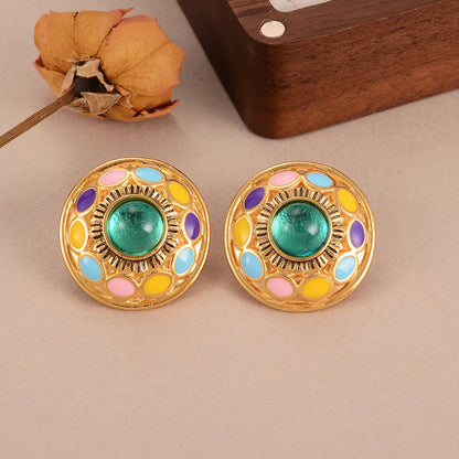 1 Pair Elegant Cute Vacation Round Enamel Inlay Alloy Glass Medieval Gold Ear Studs