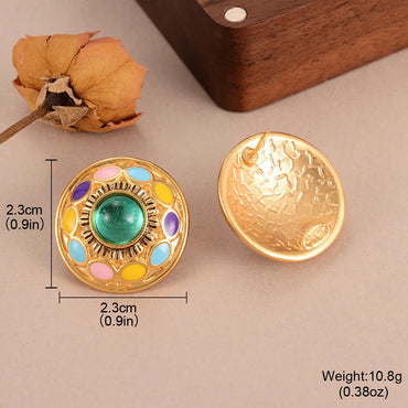 1 Pair Elegant Cute Vacation Round Enamel Inlay Alloy Glass Medieval Gold Ear Studs