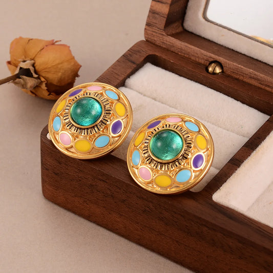 1 Pair Elegant Cute Vacation Round Enamel Inlay Alloy Glass Medieval Gold Ear Studs