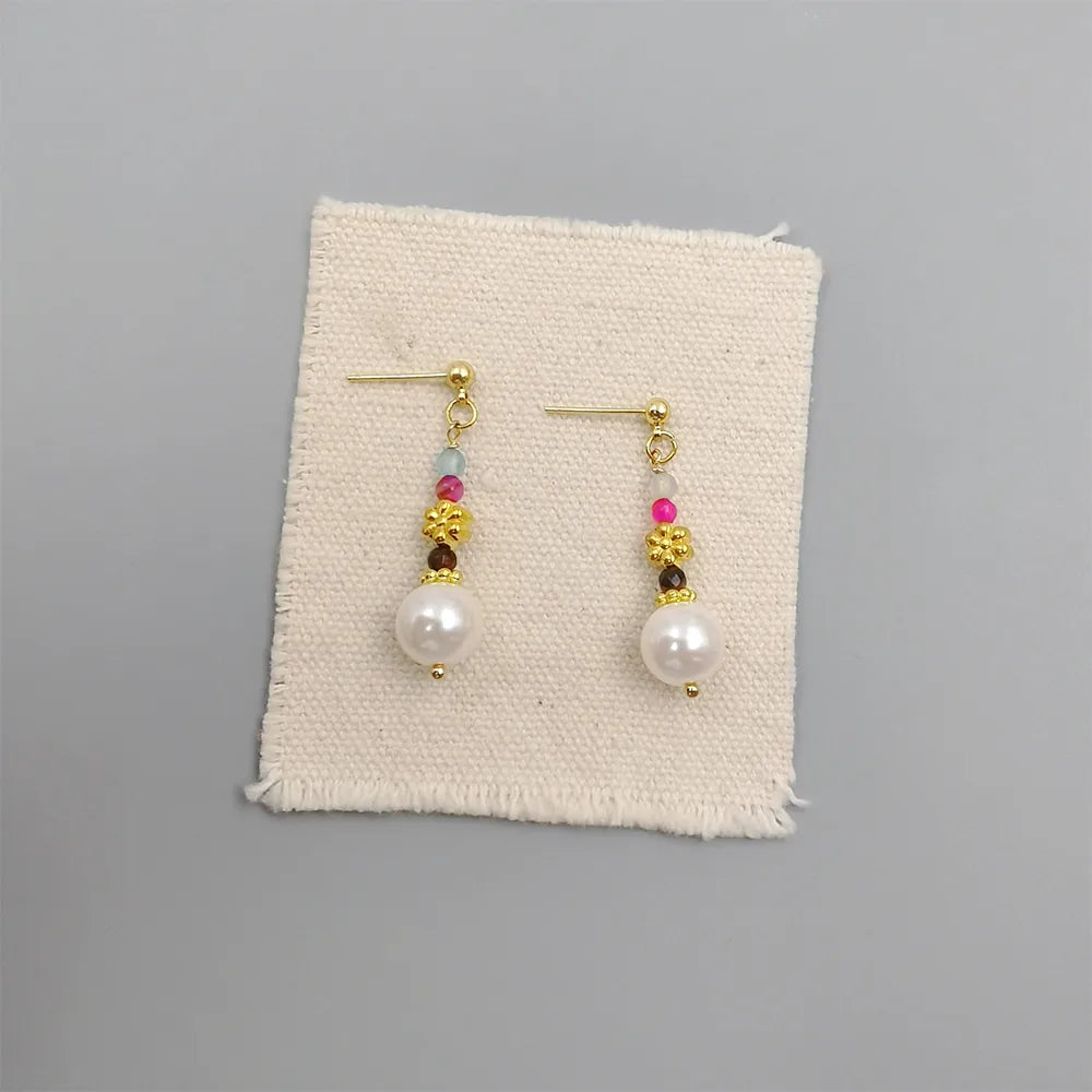 1 Pair Elegant Ethnic Style Geometric Flower Beaded Handmade Artificial Crystal Imitation Pearl Copper Gold Plated Drop Earrings