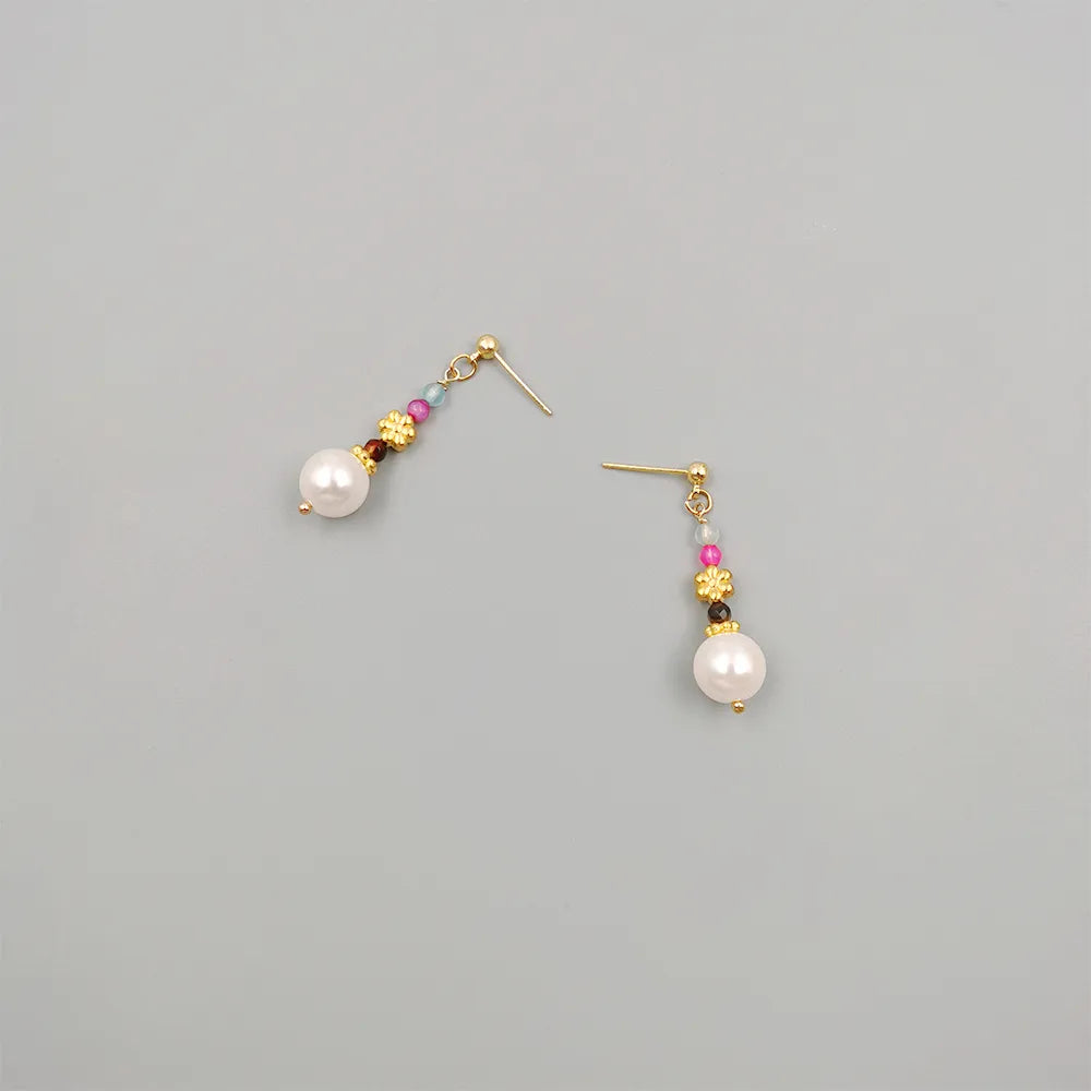 1 Pair Elegant Ethnic Style Geometric Flower Beaded Handmade Artificial Crystal Imitation Pearl Copper Gold Plated Drop Earrings