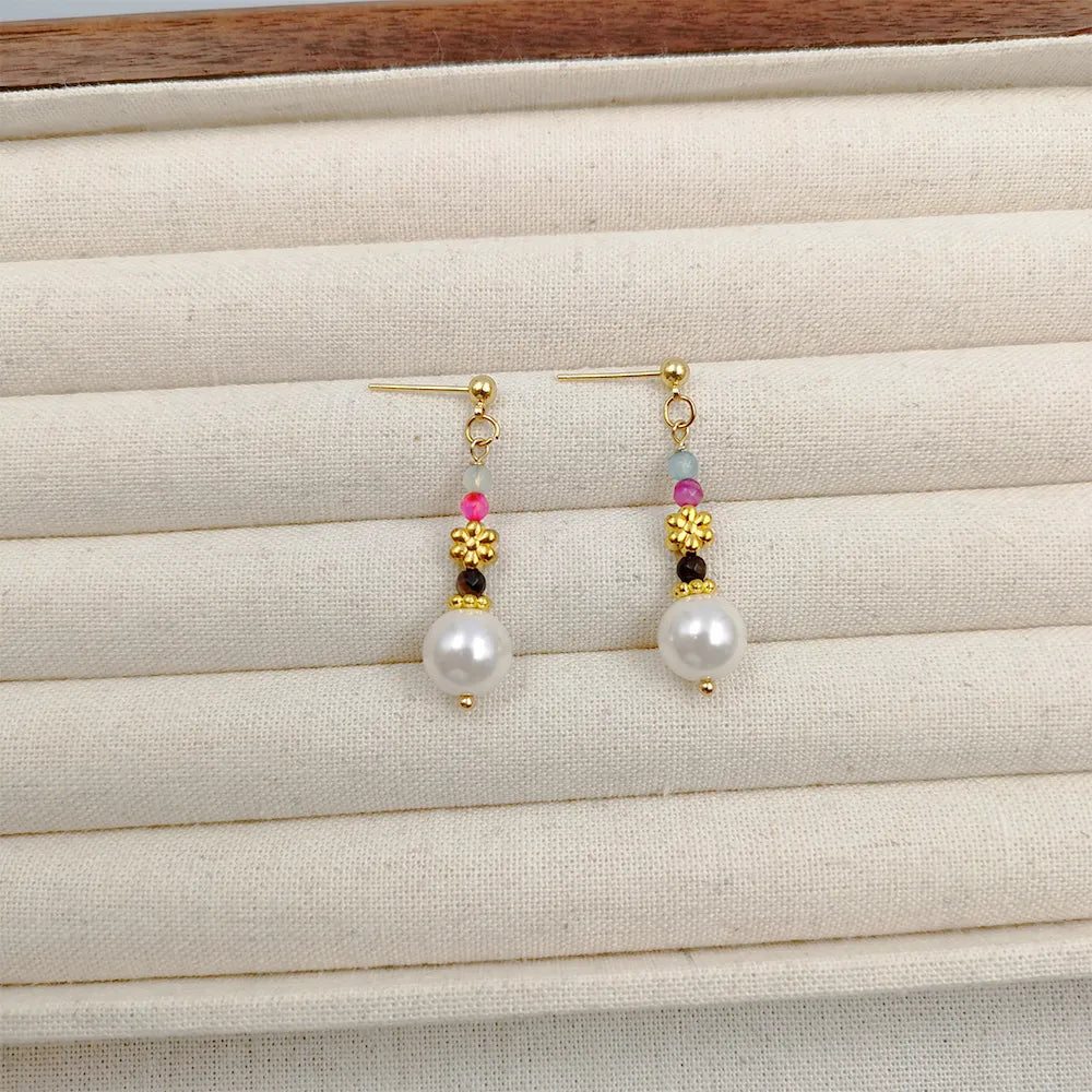 1 Pair Elegant Ethnic Style Geometric Flower Beaded Handmade Artificial Crystal Imitation Pearl Copper Gold Plated Drop Earrings