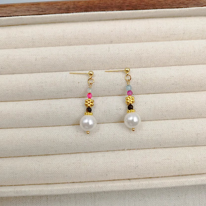 1 Pair Elegant Ethnic Style Geometric Flower Beaded Handmade Artificial Crystal Imitation Pearl Copper Gold Plated Drop Earrings