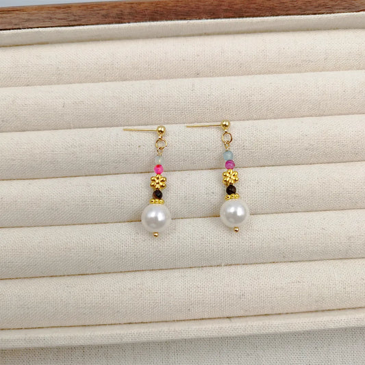 1 Pair Elegant Ethnic Style Geometric Flower Beaded Handmade Artificial Crystal Imitation Pearl Copper Gold Plated Drop Earrings