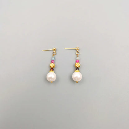 1 Pair Elegant Ethnic Style Geometric Flower Beaded Handmade Artificial Crystal Imitation Pearl Copper Gold Plated Drop Earrings