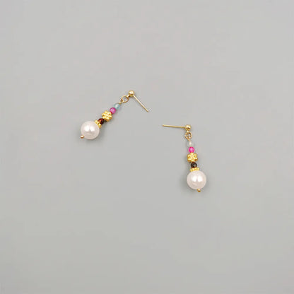 1 Pair Elegant Ethnic Style Geometric Flower Beaded Handmade Artificial Crystal Imitation Pearl Copper Gold Plated Drop Earrings