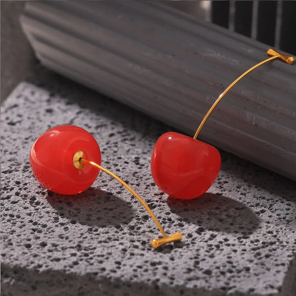 1 Pair Elegant Exaggerated Cherry Plating 304 Stainless Steel Resin Titanium Steel 18K Gold Plated Drop Earrings