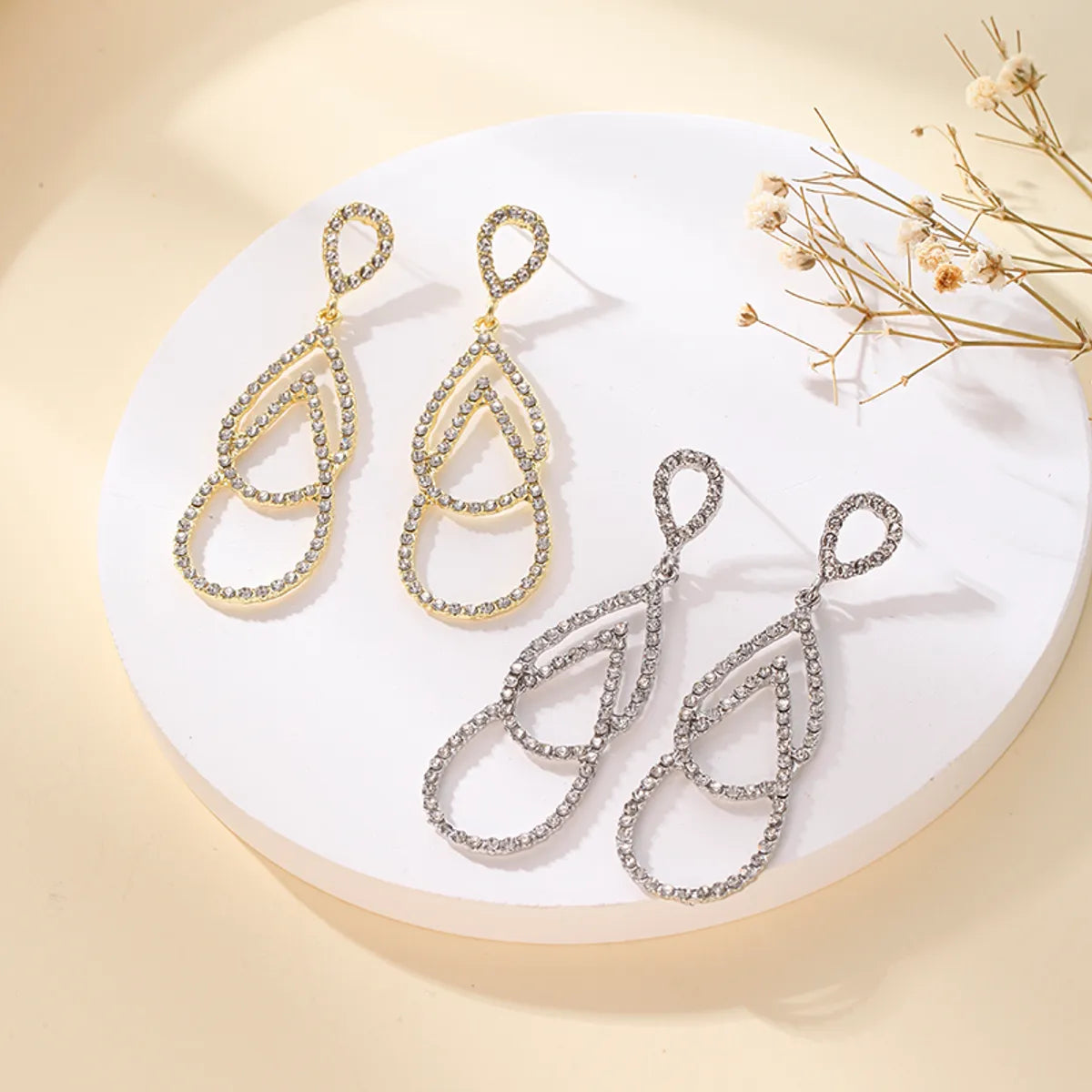 1 Pair Elegant Fashion Double Ring Alloy Water Drop Hollow Out Artificial Rhinestones Women's Earrings