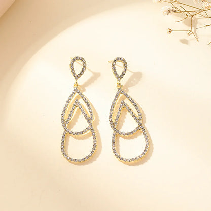 1 Pair Elegant Fashion Double Ring Alloy Water Drop Hollow Out Artificial Rhinestones Women's Earrings