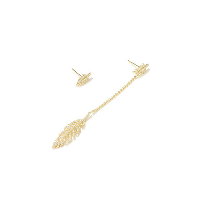 1 Pair Elegant Feather Asymmetrical Plating Inlay Copper Zircon 14k Gold Plated Drop Earrings